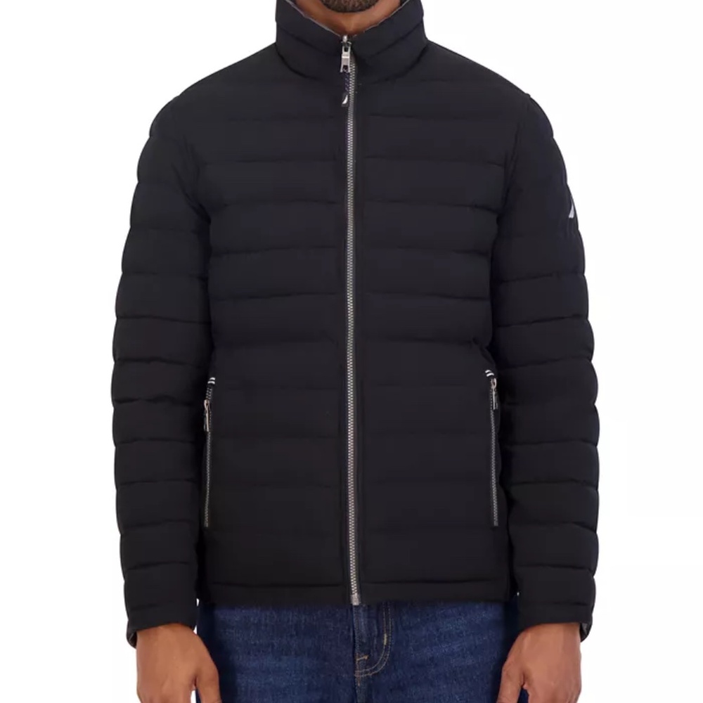 Nautica Black & Grey Camo Reversible Front Zip Puffer Coat Men's